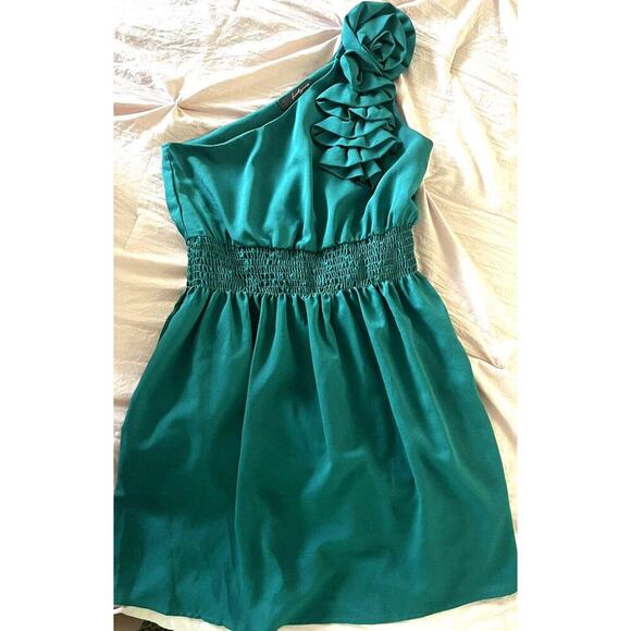 Twenty One Green Teal Ruffled One Shoulder Cocktail Dress Small - Picture 1 of 2